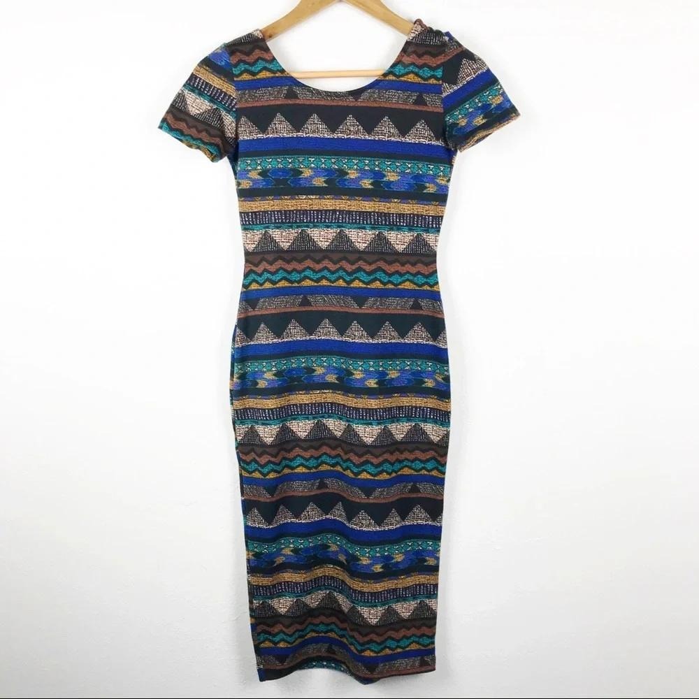 Lovely Day Bodycon Midi Dress Multicolor Geometric Tribal Print Womens Boho